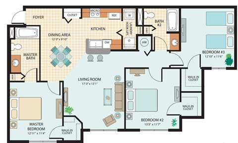 Floor plan for 3 beds, 2 baths, 1237 sqft